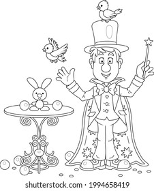 Artful circus magician illusionist with a mysterious hat and a magic wand, conjuring tricks with a small white rabbit and birds in an entertaining show on a stage, vector cartoon illustration