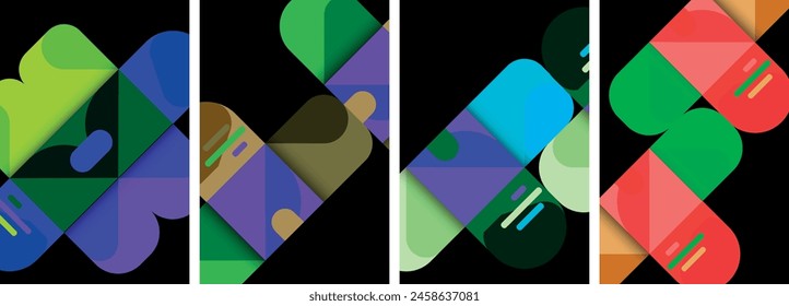 An artful composition of colorful geometric shapes, including rectangles and triangles, in shades of purple, magenta, and violet, set against a bold black background with symmetrical balance