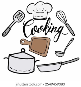 Una ilustración ingeniosa que presenta herramientas de cocina esenciales como una espátula, un batidor y una sartén, enfatizando la alegría de cocinar. Perfecto para proyectos de temática culinaria y entusiastas de la cocina.