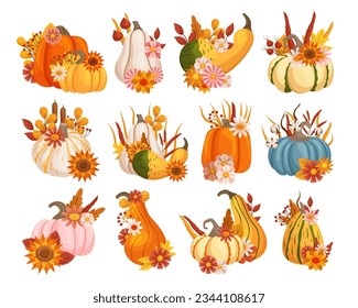 Artfully Arranged Fall Floral Displays That Combine Pumpkins And Vibrant Flowers, Creating Seasonal Charming Centerpiece For Homes And Events Isolated on White Background. Cartoon Vector Illustration