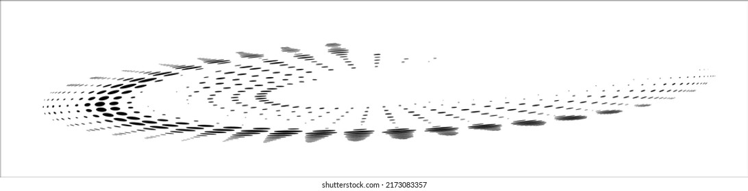 Artfully twisted elongated dotted or polka dot fan. Halftone dotted line. Vector.