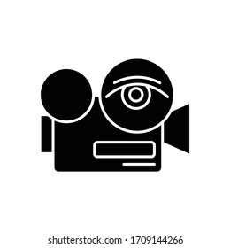 Arthouse film black glyph icon. Festival and authors movie for non broad audience. Visionary and artsy cinema sub genre silhouette symbol on white space. Camera with eye vector isolated illustration