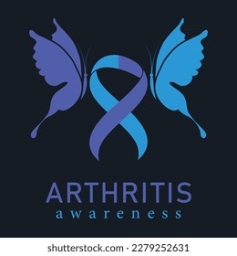 Arthritis awareness. Blue purple ribbon awareness for RA rheumatoid arthritis illness disease. Blue and purple ribbon and butterflies