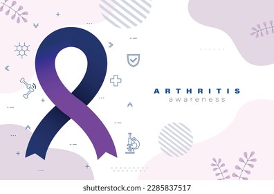 Arthritis awareness. Blue purple ribbon awareness for rheumatoid arthritis illness disease. Blue and purple ribbon