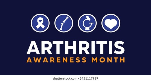 Arthritis Awareness Month. Ribbon, bone, microscope and heart. Great for cards, banners, posters, social media and more. Dark blue background.