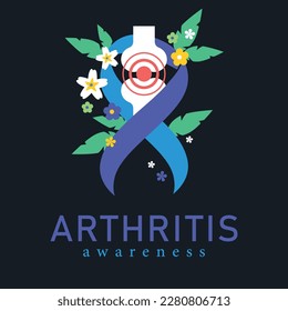 Arthritis awareness ribbon, flowers. Blue purple ribbon awareness for RA rheumatoid arthritis illness disease. Protection, healthcare, prevention concept