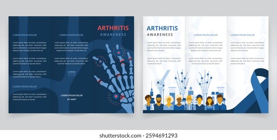 Arthritis awareness trifold brochure, pamphlet or triptych leaflet template featuring arthritic hand and knee joints, patients from childhood to older adults, healthcare staff and medications