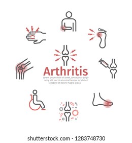 Arthritis Banner. Symptoms, Treatment. Line Icons Set. Vector Signs For Web Graphics.