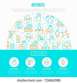 Arthritis concept in circle with thin line icons of symptoms and treatments: pain in joints, obesity, fast food, alcohol, medicine, wheelchair. Vector illustration for banner, web page, print media.