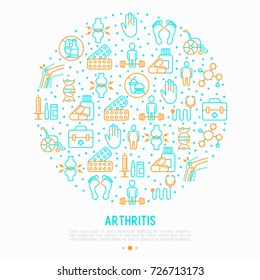 Arthritis concept in circle with thin line icons of symptoms and treatments: pain in joints, obesity, fast food, alcohol, medicine, wheelchair. Vector illustration for banner, web page, print media.