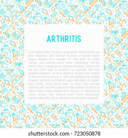 Arthritis concept with thin line icons of symptoms and treatments: pain in joints, obesity, fast food, alcohol, medicine, wheelchair. Vector illustration for banner, web page, print media.