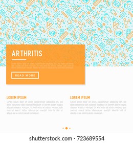 Arthritis concept with thin line icons of symptoms and treatments: pain in joints, obesity, fast food, alcohol, medicine, wheelchair. Vector illustration for banner, web page, print media.