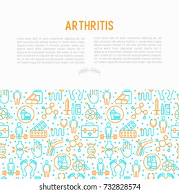 Arthritis concept with thin line icons of symptoms and treatments: pain in joints, obesity, fast food, alcohol, medicine, wheelchair. Vector illustration for banner, web page, print media.