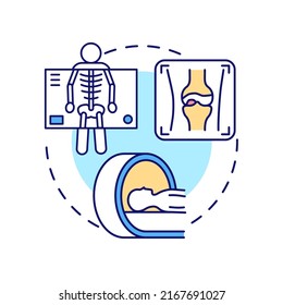 Arthritis disease diagnostics concept icon for light theme. Roentgen and MRT. Bones and skeleton. Technology of bones checkup abstract idea thin line illustration. Isolated outline drawing