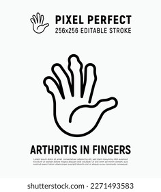Arthritis in fingers thin line icon. Inflammation in joints. Osteoarthritis. Pixel perfect, editable stroke. Vector illustration.