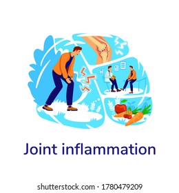 Arthritis flat concept vector illustration. Joint inflammation phrase. Trauma rehab. Patient with hurt leg 2D cartoon characters for web design. Doctor consultation at hospital creative idea