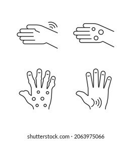 Arthritis in hands linear icons set. Wrists rheumatism. Fingers deformity. Rheumatoid nodules. Customizable thin line contour symbols. Isolated vector outline illustrations. Editable stroke