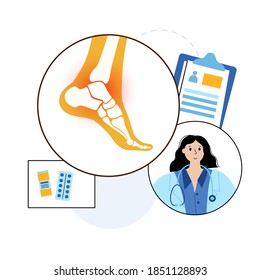 Arthritis joint in the ankle. Rheumatoid arthritis. Doctor help and medical exam in clinic. Pain in leg. Human foot bone anatomy flat vector illustration. Skeleton x ray scan concept. Medical poster.
