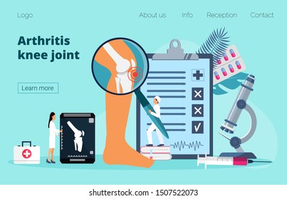 Arthritis knee joint concept. Tiny doctors treat rheumatism, osteoarthritis, make x ray scan. World arthritis day in October. Flat concept vector for landing page, banner.