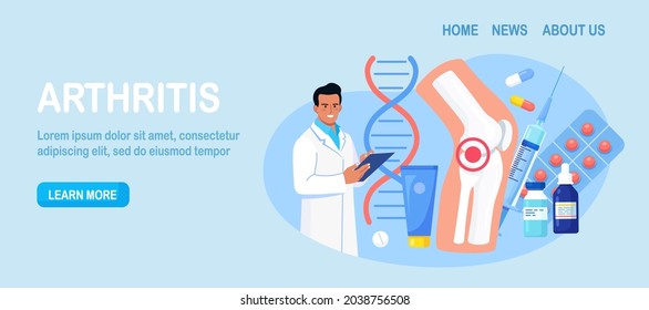 Arthritis of knee joint. Doctor examining human bones, joints. Physician treat rheumatism, osteoarthritis, rheumatoid arthritis. Medical examination. Vector illustration