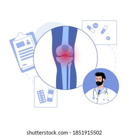 Arthritis knee joint logo template. Rheumatoid arthritis clinic logo. Doctors appointment and medical exam flat vector illustration. Skeleton x ray scan concept. Painful injury erosion medical poster.