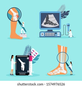 Arthritis knee joint, osteoporosis concept vector. Tiny doctors treat rheumatism, osteoarthritis, make x ray scan. Healthcare flat illustration on the blue background for landing page, banner, app.