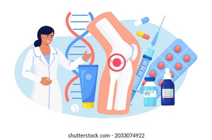 Arthritis of knee joint. Patient suffering from joints pain. Doctor treat rheumatism, osteoarthritis, rheumatoid arthritis. Medical examination. Vector illustration