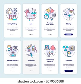 Arthritis onboarding mobile app page screen set. Risk factors and prevention walkthrough 4 steps graphic instructions with concepts. UI, UX, GUI vector template with linear color illustrations