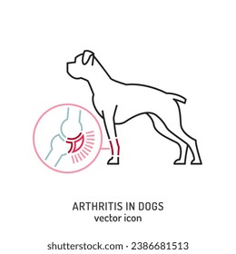 Arthritis, osteoarthritis in dogs. Common disease. Veterinarian icon. Medical concept. Animal health. Editable isolated vector illustration in outline style on a white background