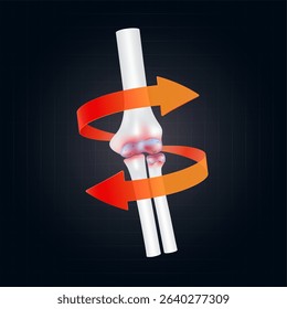 Arthritis and osteoarthritis. Red rotating arrow around elbow joint cartilage inflammation on dark background. Human arm skeleton anatomy. For design medical or scientific treatments. Vector EPS10.