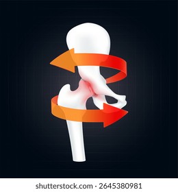 Arthritis and osteoarthritis. Red rotating arrow around hip joint cartilage inflammation on dark background. Human femur skeleton anatomy. For design medical or scientific treatments. Vector EPS10.
