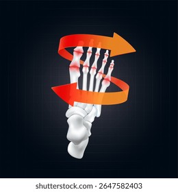 Arthritis and osteoarthritis. Red rotating arrow around toe joint cartilage inflammation on dark background. Human foot skeleton anatomy. For design medical or scientific treatments. Vector EPS10.