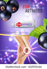 Arthritis Pain Relief Ointment ads. Vector 3d Illustration with Tube cream with blackcurrant extract. Vertical poster with product's package.