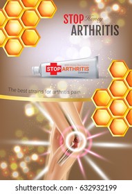 Arthritis Pain Relief Ointment ads. Vector 3d Illustration with Tube cream with honey extract. Vertical poster with product's package.