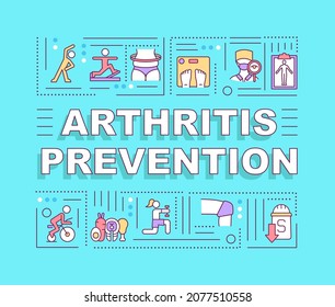 Arthritis prevention word concepts banner. Active and healthy lifestyle. Infographics with linear icons on blue background. Isolated creative typography. Vector outline color illustration with text

