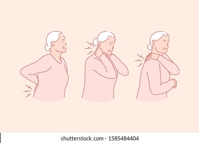 Arthritis, rheumatism, senile age illness concept. Elderly lady suffering from back pain. Pensioner experiencing painful symptoms in neck area. Old woman with kidneys disease. Simple flat vector