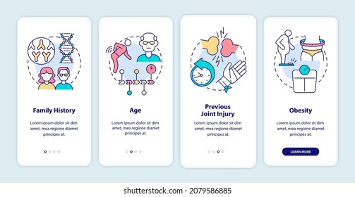 Arthritis risk factors onboarding mobile app page screen. Causes of osteoarthritis walkthrough 4 steps graphic instructions with concepts. UI, UX, GUI vector template with linear color illustrations
