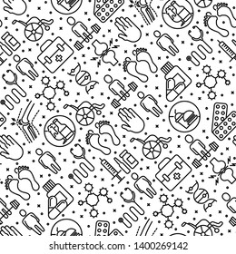 Arthritis seamless pattern with thin line icons of symptoms and treatments: pain in joints, obesity, fast food, alcohol, medicine, wheelchair. Vector illustration for banner, web page, print media.