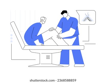 Arthritis symptoms abstract concept vector illustration. Doctor checks the patients knee in hospital, medical examination, joint pain, rheumatology sector, arthritis symptoms abstract metaphor.