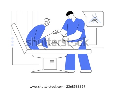 Arthritis symptoms abstract concept vector illustration. Doctor checks the patients knee in hospital, medical examination, joint pain, rheumatology sector, arthritis symptoms abstract metaphor.