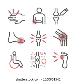 Arthritis. Symptoms, Treatment. Line icons set. Vector signs for web graphics.