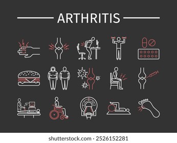 Arthritis. Symptoms, Treatment. Line icons set. Vector graphics for web use.