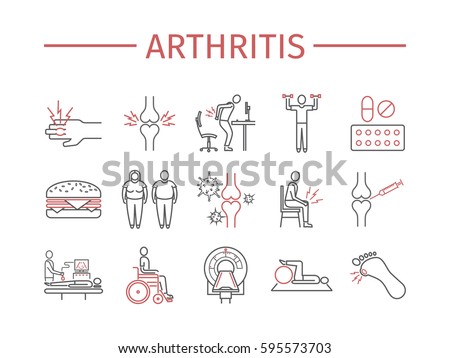 Arthritis. Symptoms, Treatment. Line icons set. Vector signs for web graphics.