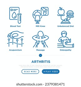 Juego de iconos de línea delgada de artritis: análisis de sangre, resonancia magnética en la rodilla, masaje, osteopatía, dieta desequilibrada, acupuntura. Ilustración vectorial, trazo editable. 