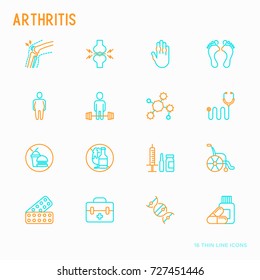 Arthritis thin line icons set of symptoms and treatments: pain in joints, obesity, fast food, alcohol, medicine, wheelchair. Vector illustration.