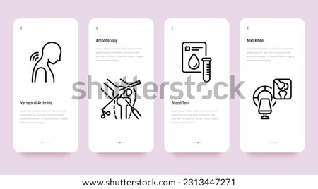 Arthritis thin line icons set: neck pain, arthroscopy, blood test, MRI knee. Vector illustration, editable stroke. 