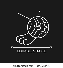 Arthritis white linear icon for dark theme. Joint inflammation. Limb affecting illness. Pet disease. Thin line customizable illustration. Isolated vector contour symbol for night mode. Editable stroke