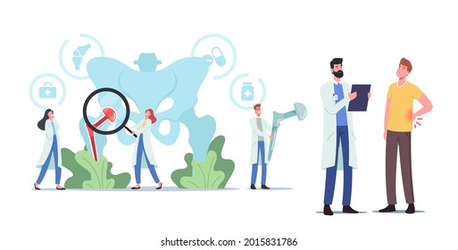 Arthroplasty, Osteoarthritis, Hip Replacement Concept. Tiny Characters at Huge Human Pelvic Bones with Total Hip Prosthesis Implant. Patient at Doctor Appointment. Cartoon People Vector Illustration