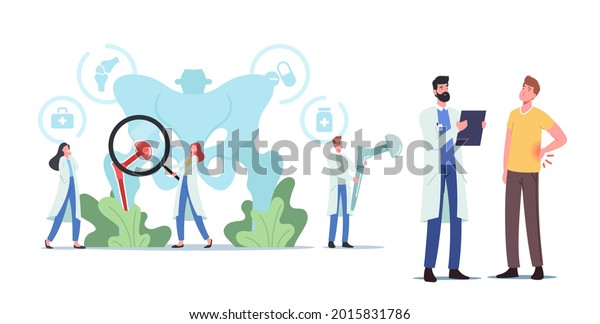 Arthroplasty, Osteoarthritis, Hip\
Replacement Concept. Tiny Characters at Huge Human Pelvic Bones\
with Total Hip Prosthesis Implant. Patient at Doctor Appointment.\
Cartoon People Vector\
Illustration
