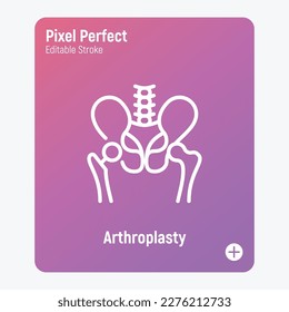 Arthroplasty thin line icon, artificial joint, surgical procedure to restore joint. Arthritis. Pixel perfect, editable stroke. Vector illustration. 